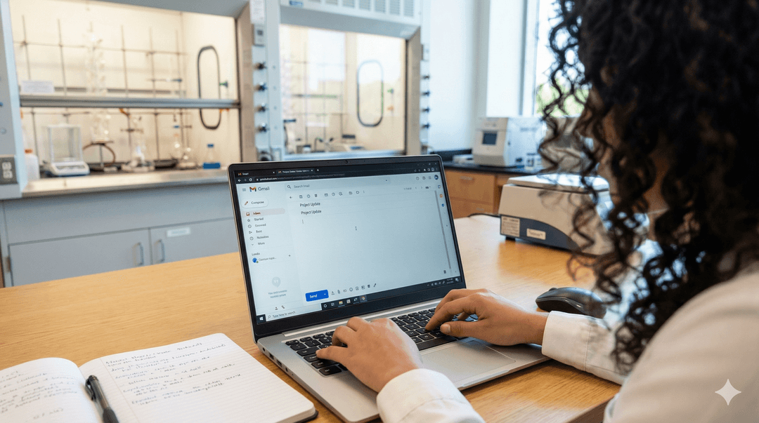 Roxana working on laptop in the lab