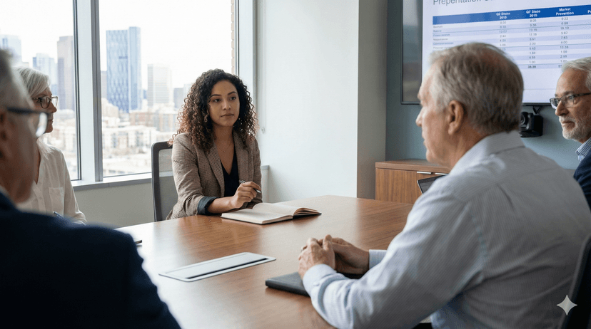 Roxana in boardroom meeting
