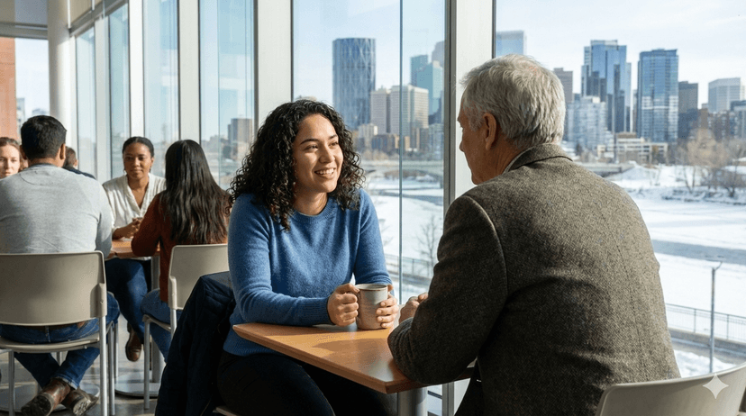 Roxana having coffee conversation