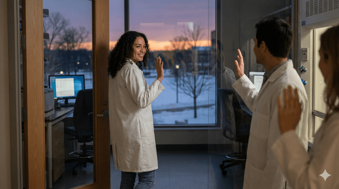 Roxana greeting colleagues in the lab