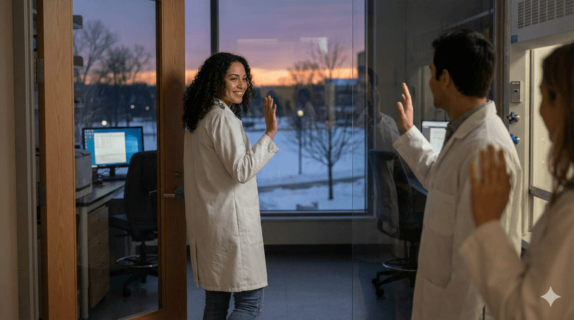 Roxana greeting colleagues in lab